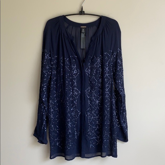 Black Label Tops - Navy Blue Sequin Button Down Shirt in size 2